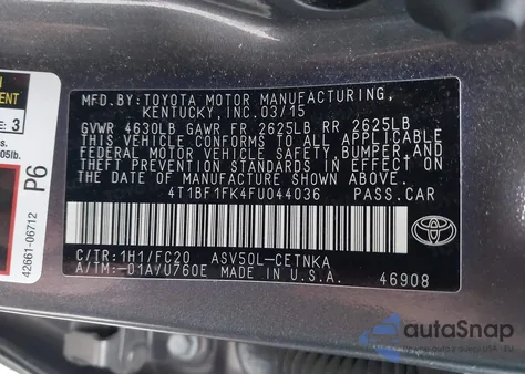 2015 Toyota Camry Le z USA, uszkodzony, nr VIN 4T1BF1FK4FU044036